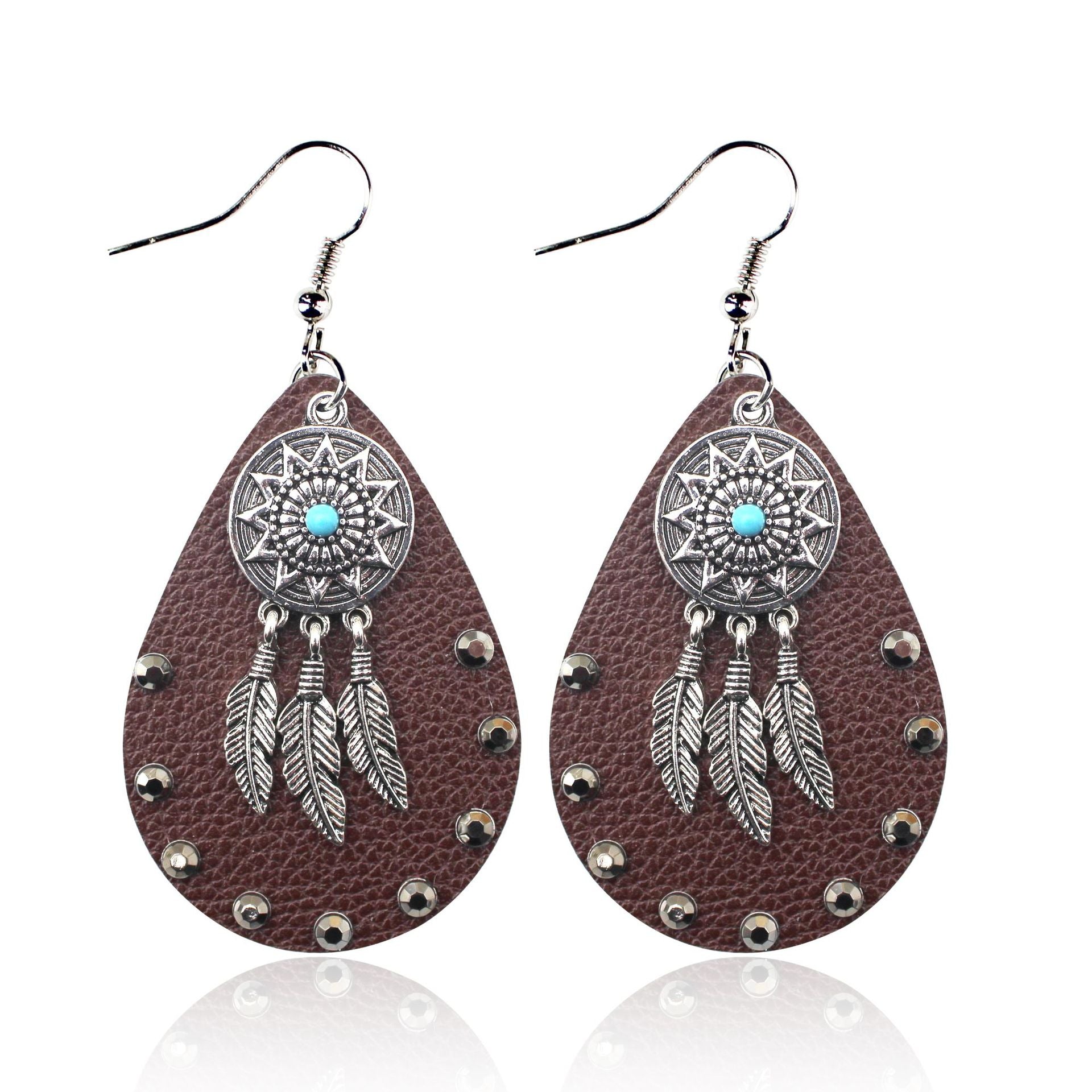 Wholesale Bohemian Hollow Mesh Feather Leather Earrings